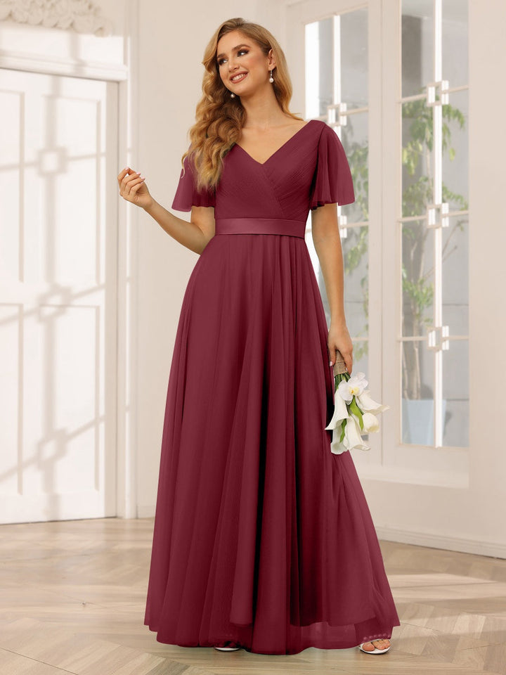 A-Line/Princess V-Neck Short Sleeves Floor-Length Long Bridesmaid Dresses with Lace