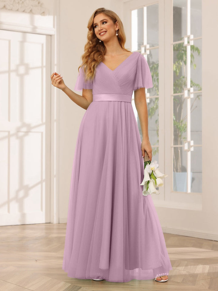 A-Line/Princess V-Neck Short Sleeves Floor-Length Long Bridesmaid Dresses with Lace