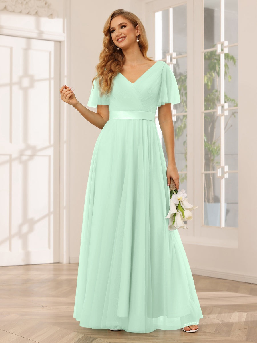A-Line/Princess V-Neck Short Sleeves Floor-Length Long Bridesmaid Dres