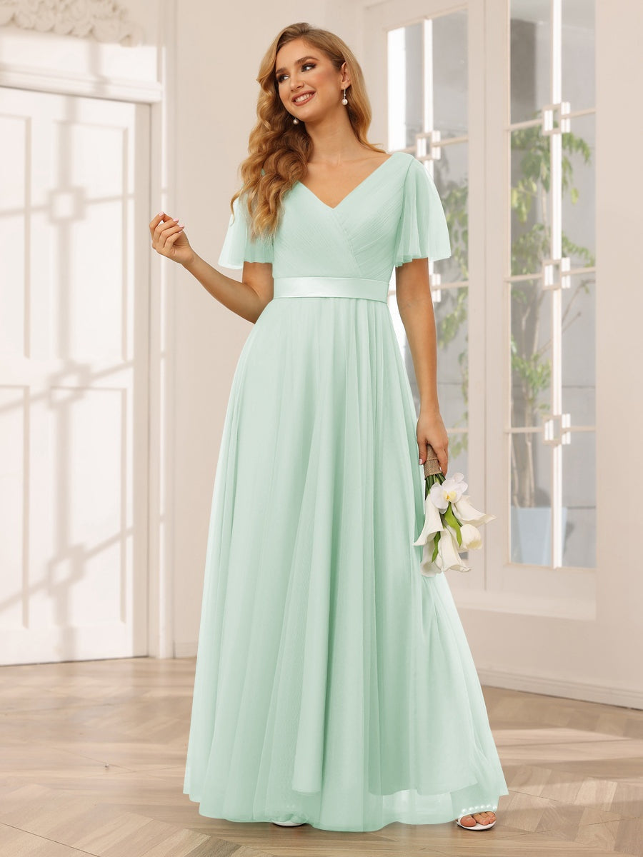 Tulle Bridesmaid Dresses 2026 for Women A-Line V-Neck Short Sleeves Floor-Length Formal Wedding Guest Gowns with Belt, As Picture Tulle Bridesmaid Dresses 2026 for Women A-Line V-Neck Short Sleeves Floor-Length Formal Wedding Guest Gowns with Belt, As Picture