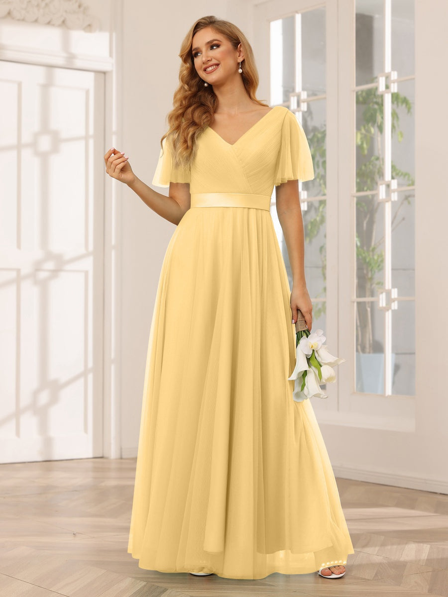 A-Line/Princess V-Neck Short Sleeves Floor-Length Long Bridesmaid Dres - Mondressy A-Line/Princess V-Neck Short Sleeves Floor-Length Long Bridesmaid Dres - Mondressy