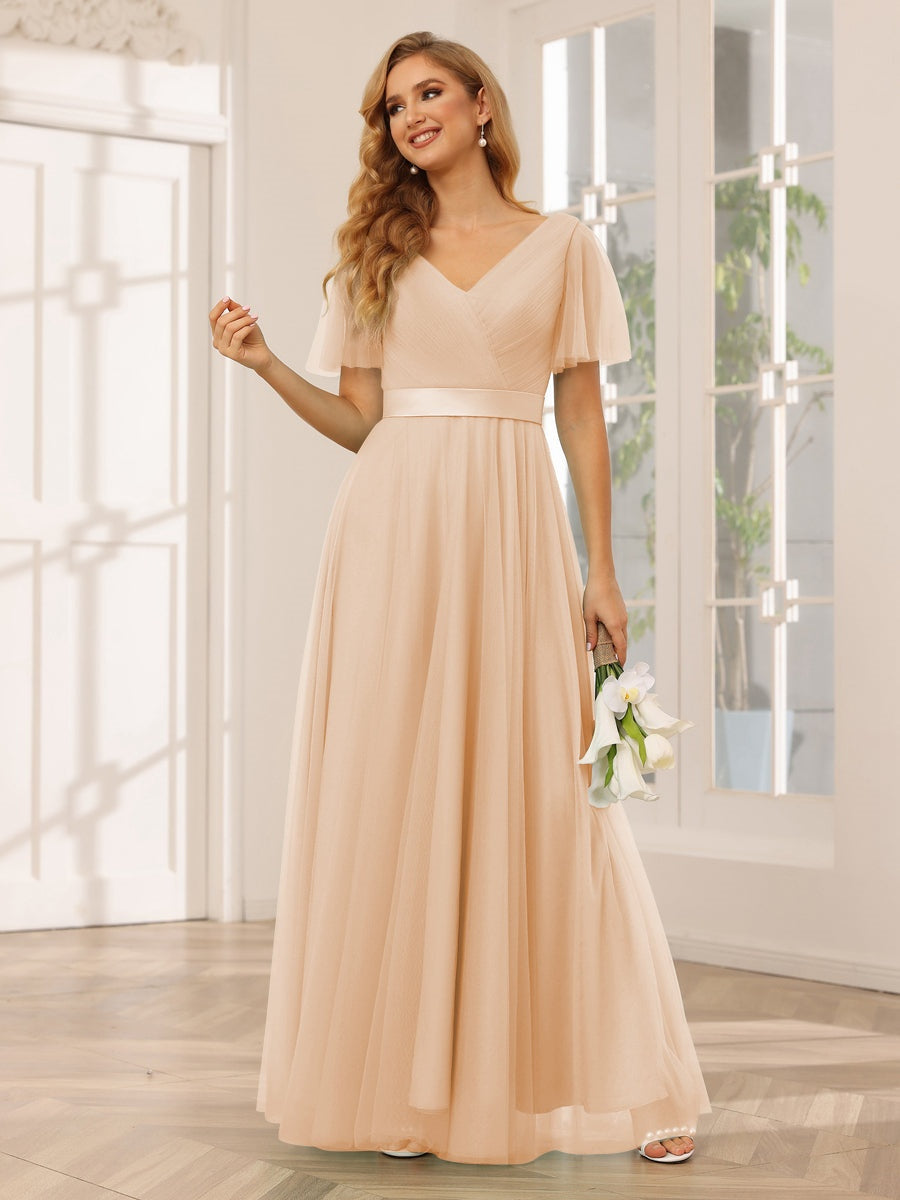 A-Line/Princess V-Neck Short Sleeves Floor-Length Long Bridesmaid Dresses with Lace