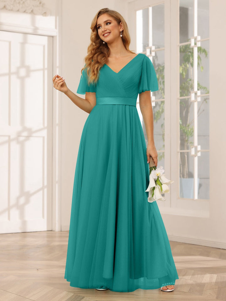 A-Line/Princess V-Neck Short Sleeves Floor-Length Long Bridesmaid Dresses with Lace