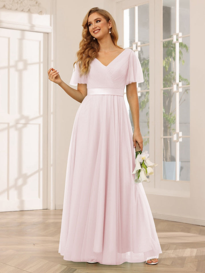 A-Line/Princess V-Neck Short Sleeves Floor-Length Long Bridesmaid Dresses with Lace