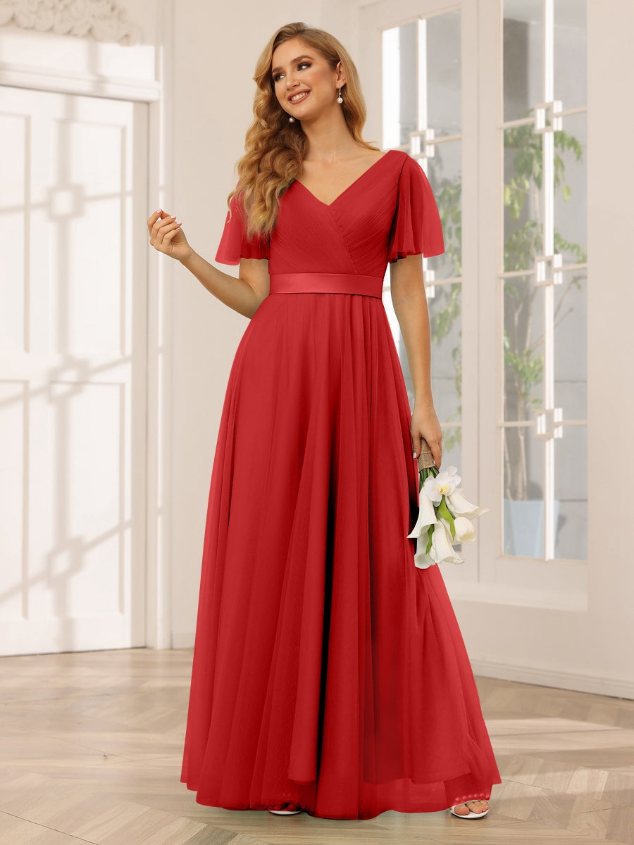 A-Line/Princess V-Neck Short Sleeves Floor-Length Long Bridesmaid Dresses with Lace