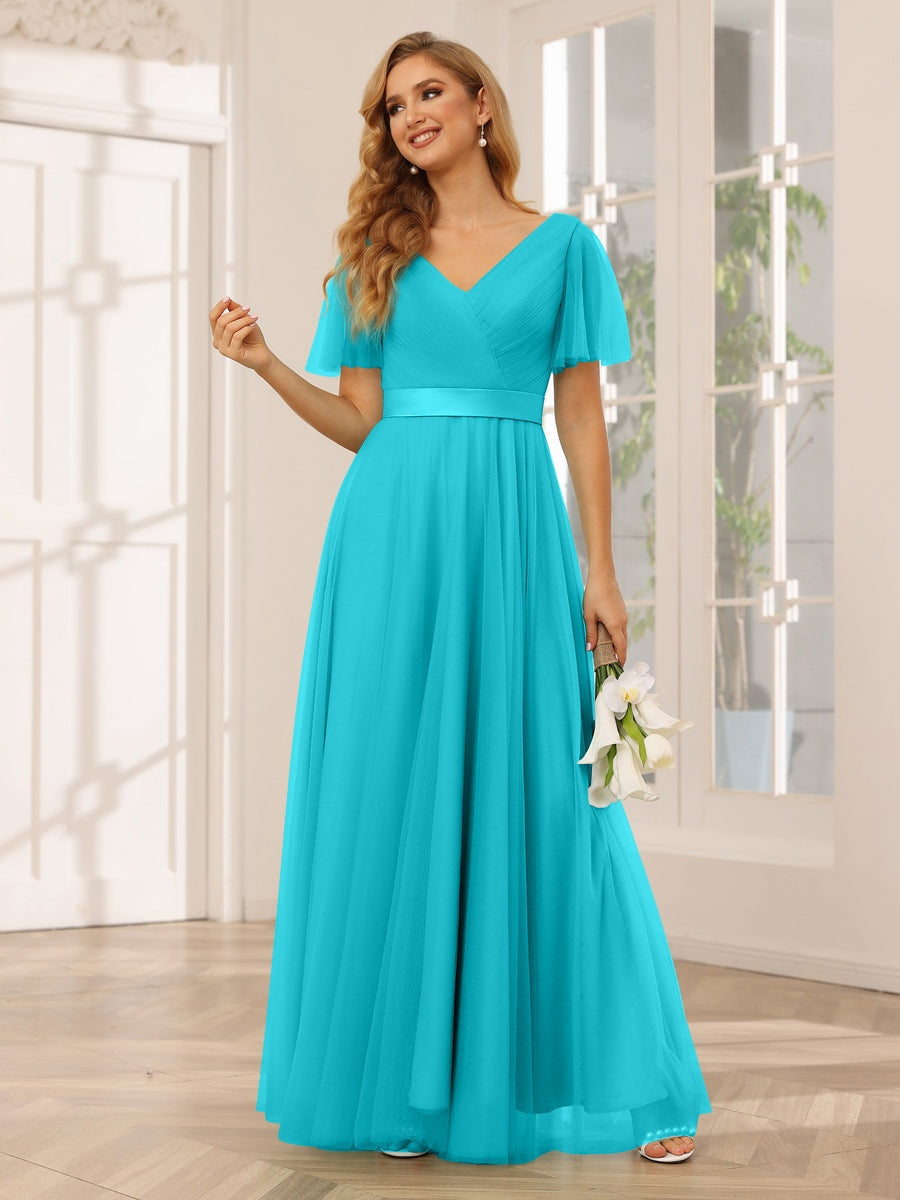 A-Line/Princess V-Neck Short Sleeves Floor-Length Long Bridesmaid Dresses with Lace Turquoise A-Line/Princess V-Neck Short Sleeves Floor-Length Long Bridesmaid Dresses with Lace Turquoise
