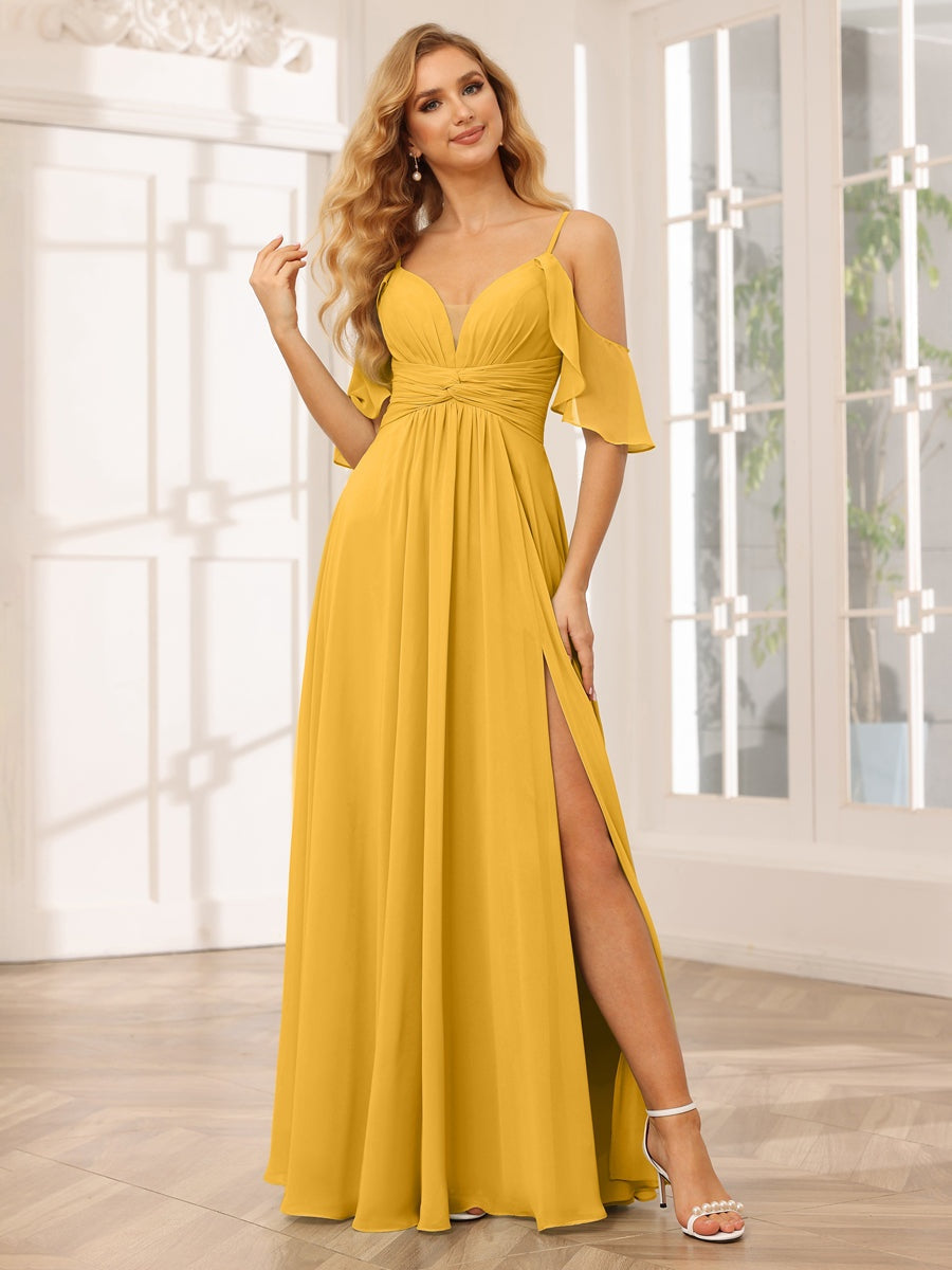 A-Line/Princess Spaghetti Straps V-Neck Floor-Length Bridesmaid Dresses with Split Side