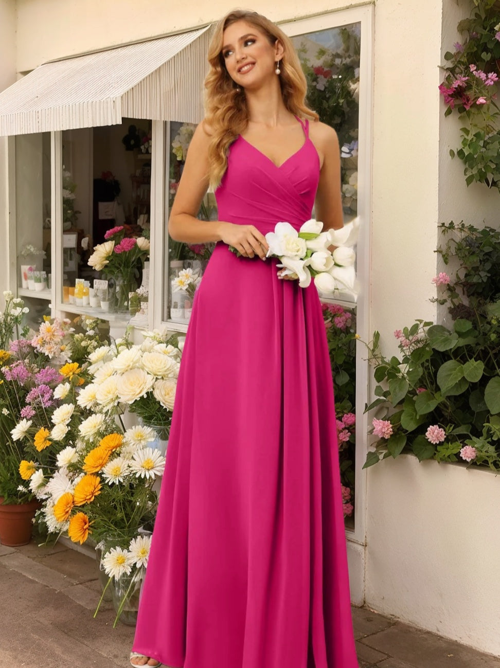 A-Line/Princess V-Neck Sleeveless Floor-Length Bridesmaid Dresses with Ruffles