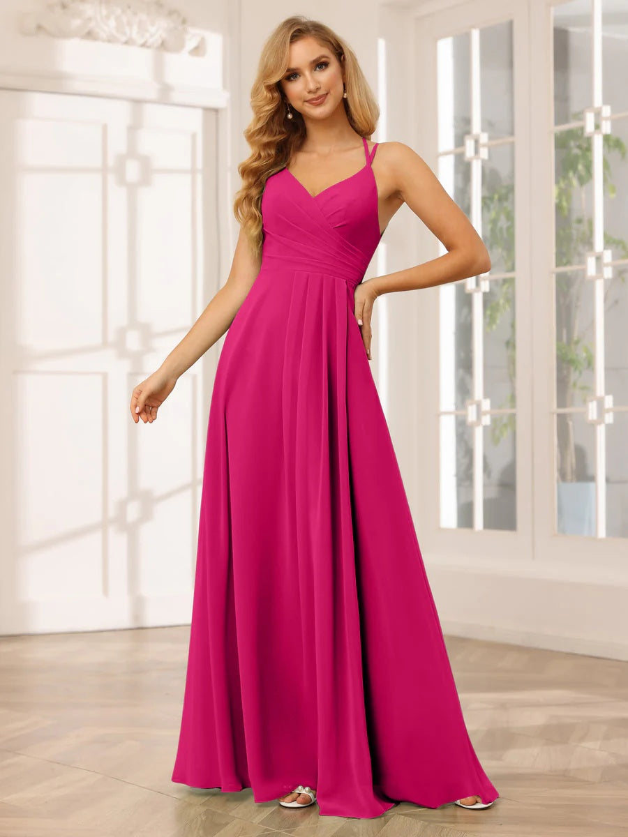 A-Line/Princess V-Neck Sleeveless Floor-Length Bridesmaid Dresses with Ruffles