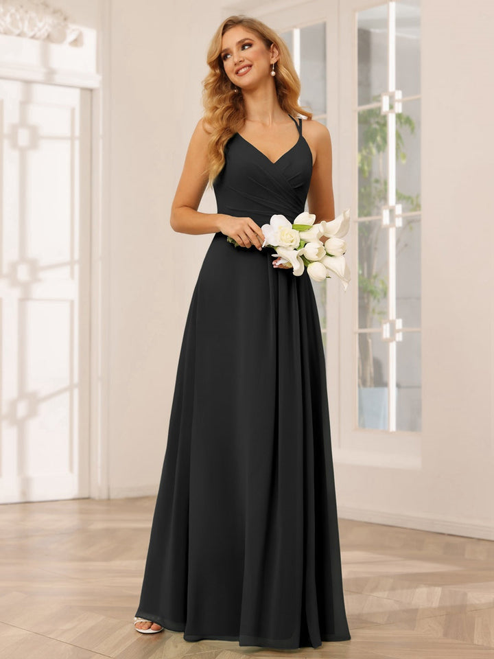 A-Line/Princess V-Neck Sleeveless Floor-Length Bridesmaid Dresses with Ruffles