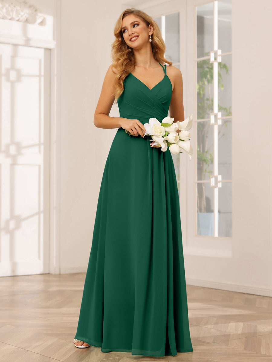 A-Line/Princess V-Neck Sleeveless Floor-Length Bridesmaid Dresses with Ruffles