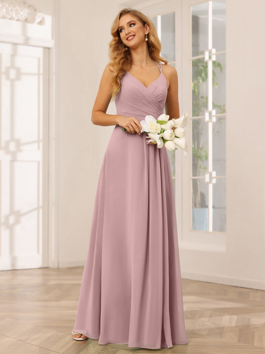 A-Line/Princess V-Neck Sleeveless Floor-Length Bridesmaid Dresses with Ruffles