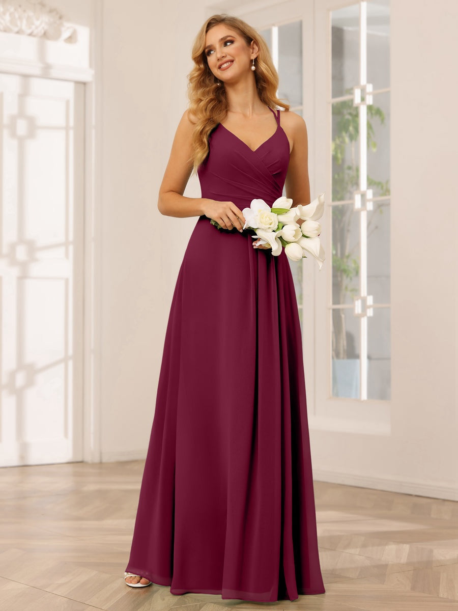 A-Line/Princess V-Neck Sleeveless Floor-Length Bridesmaid Dresses with Ruffles Orchid