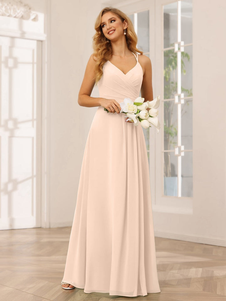 A-Line/Princess V-Neck Sleeveless Floor-Length Bridesmaid Dresses with Ruffles