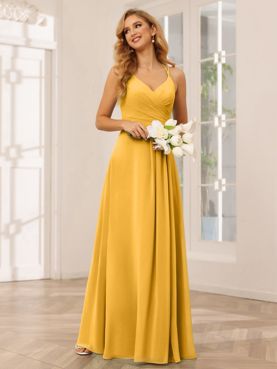 A-Line/Princess V-Neck Sleeveless Floor-Length Bridesmaid Dresses with Ruffles