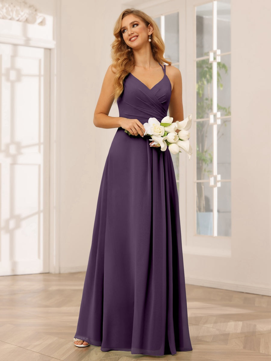 A-Line/Princess V-Neck Sleeveless Floor-Length Bridesmaid Dresses with Ruffles