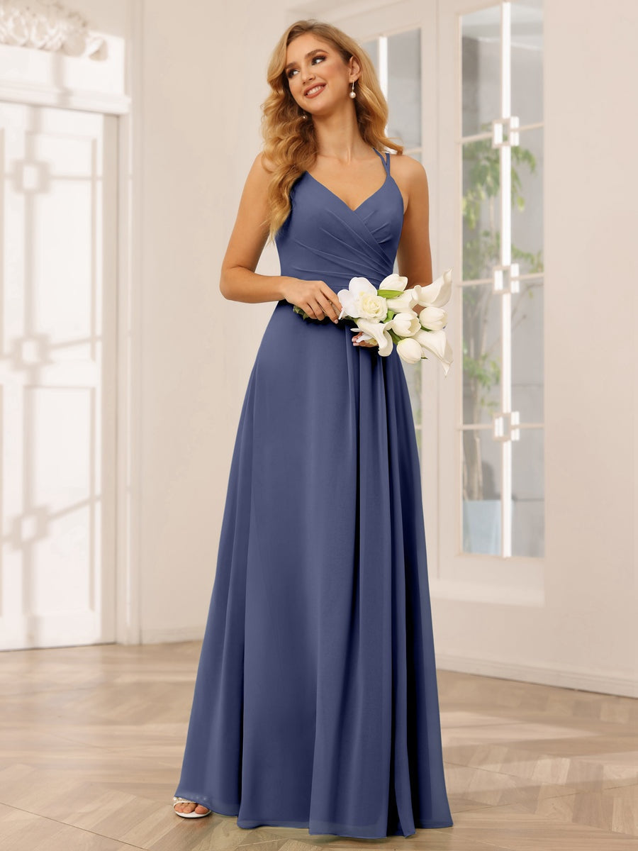 A-Line/Princess V-Neck Sleeveless Floor-Length Bridesmaid Dresses with Ruffles Stormy Blue