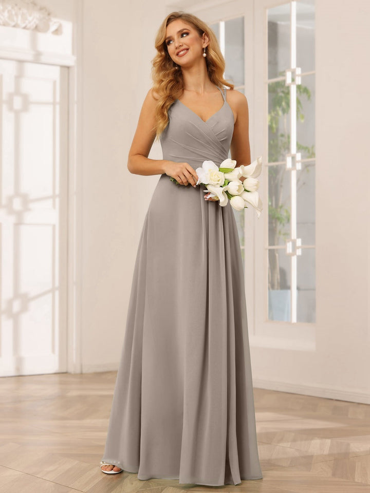 A-Line/Princess V-Neck Sleeveless Floor-Length Bridesmaid Dresses with Ruffles