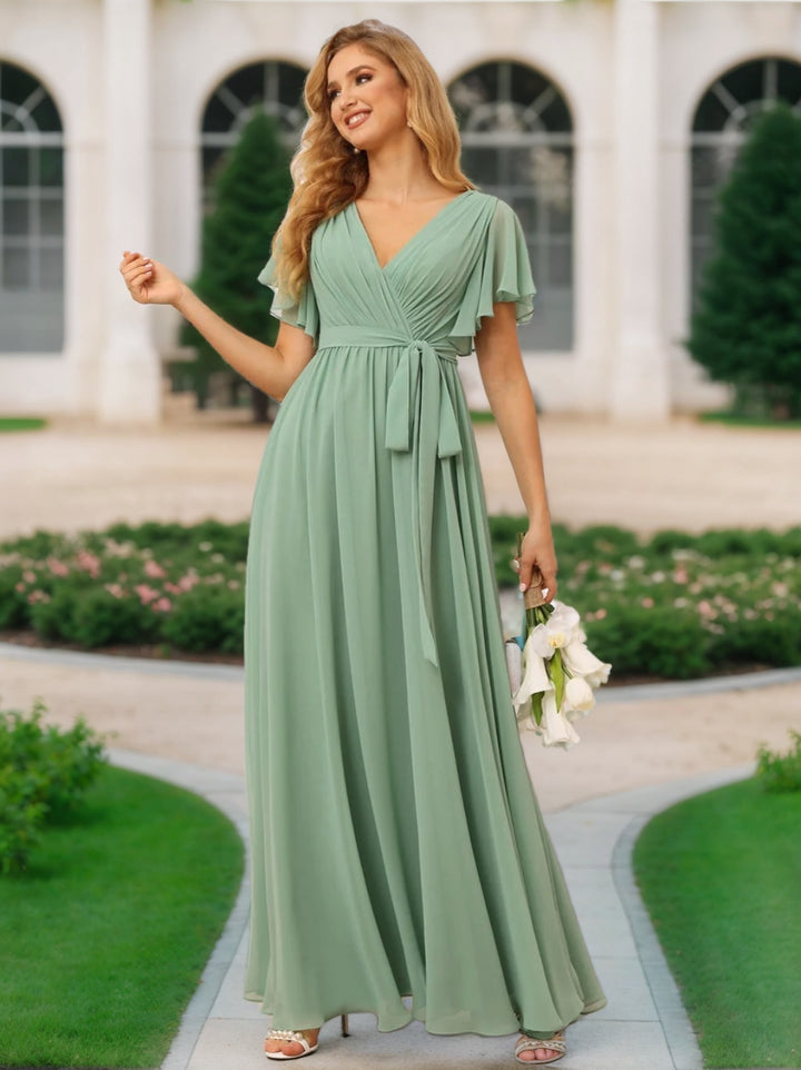 A-Line/Princess V-Neck Short Sleeves Floor-Length Bridesmaid Dresses with Sash