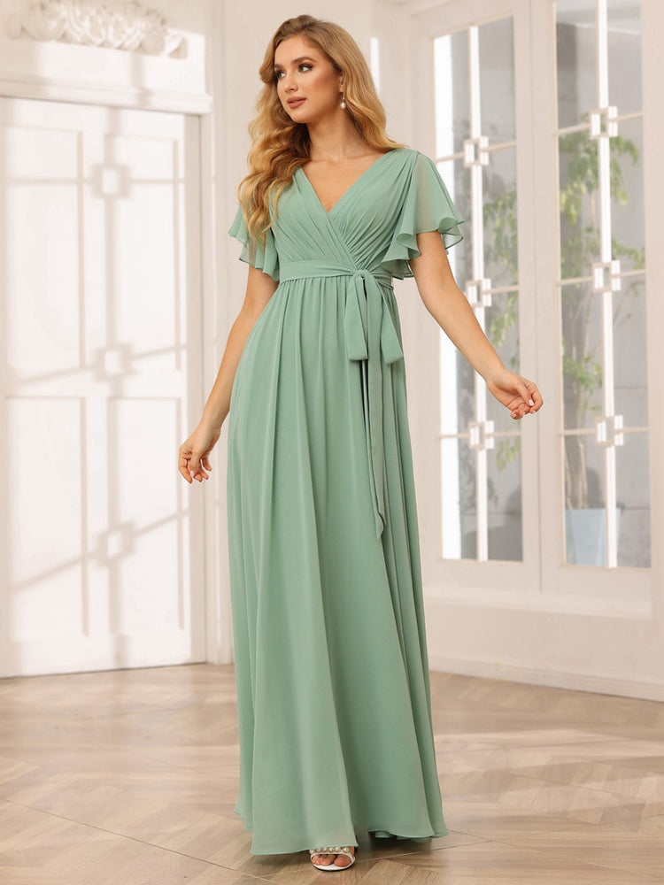 A-Line/Princess V-Neck Short Sleeves Floor-Length Bridesmaid Dresses with Sash