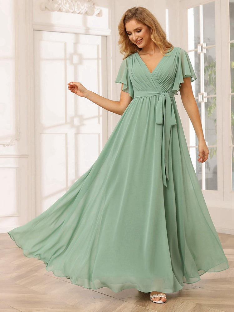 A-Line/Princess V-Neck Short Sleeves Floor-Length Bridesmaid Dresses with Sash