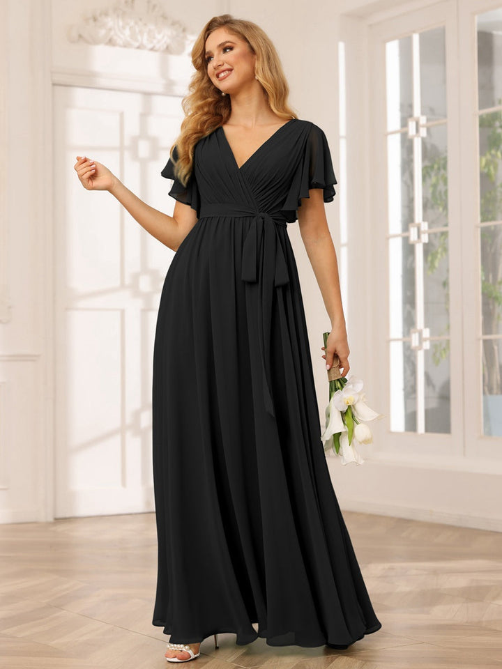 A-Line/Princess V-Neck Short Sleeves Floor-Length Bridesmaid Dresses with Sash