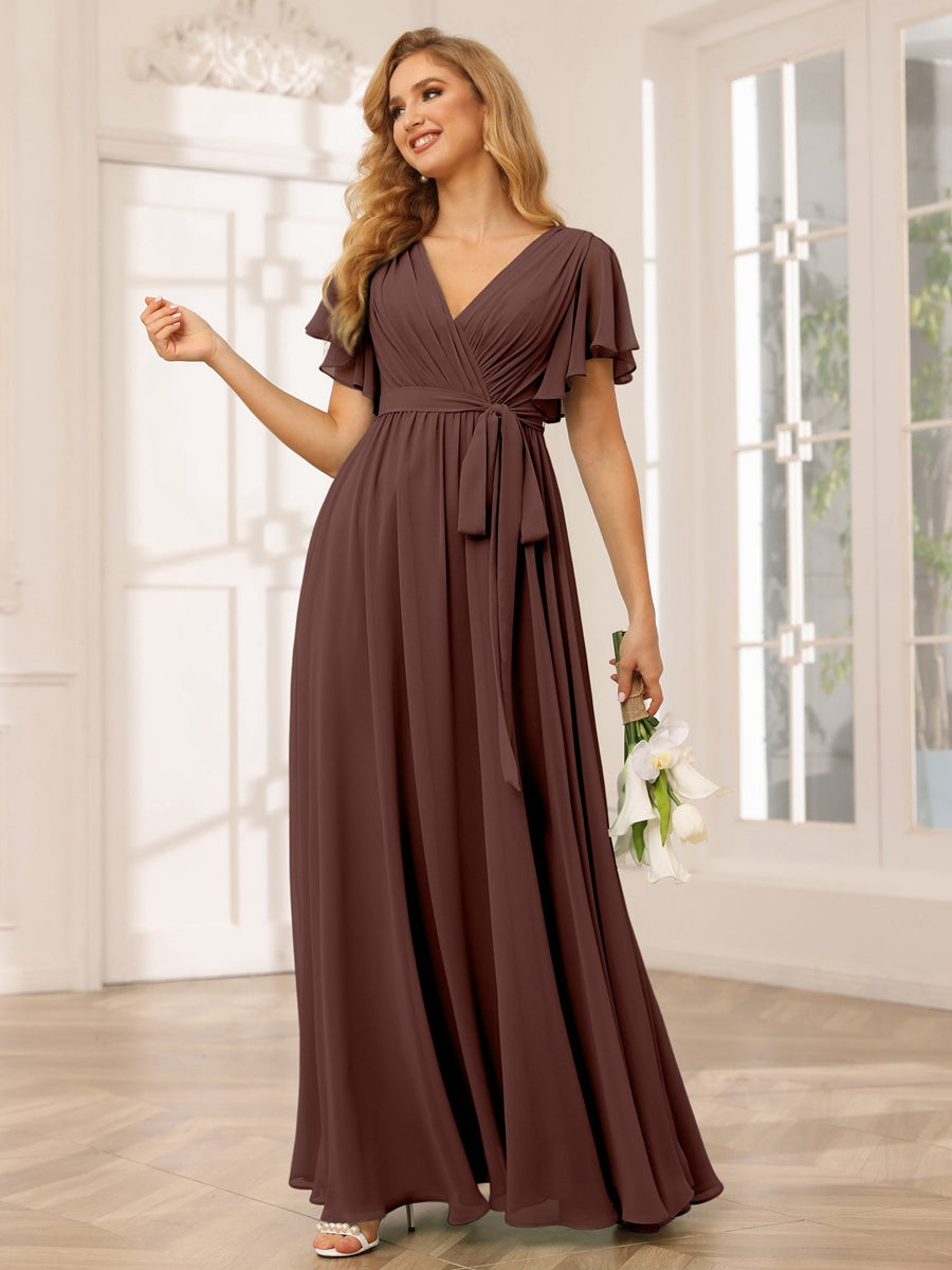 A-Line/Princess V-Neck Short Sleeves Floor-Length Bridesmaid Dresses with Sash