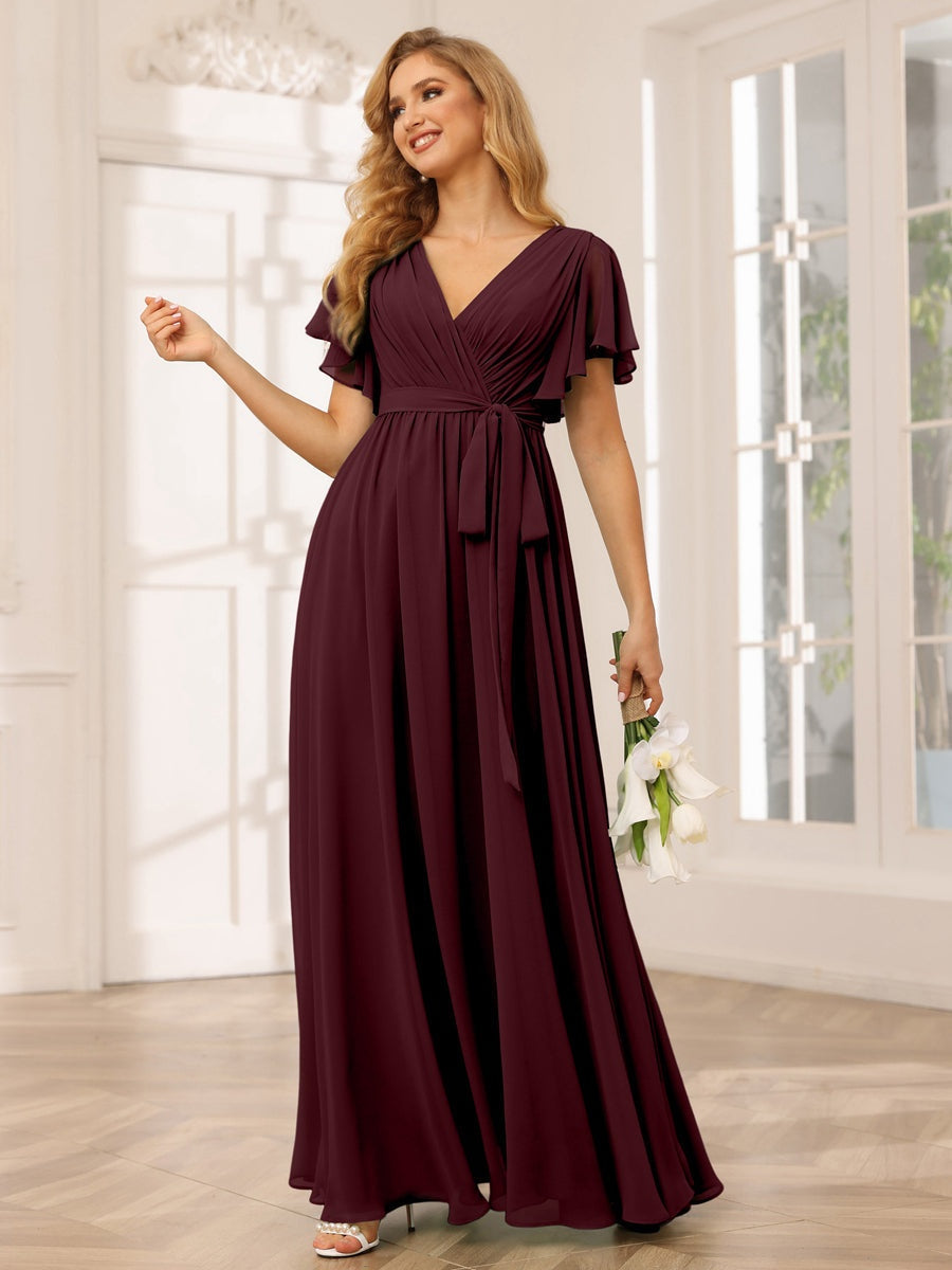 A-Line/Princess V-Neck Short Sleeves Floor-Length Bridesmaid Dresses with Sash