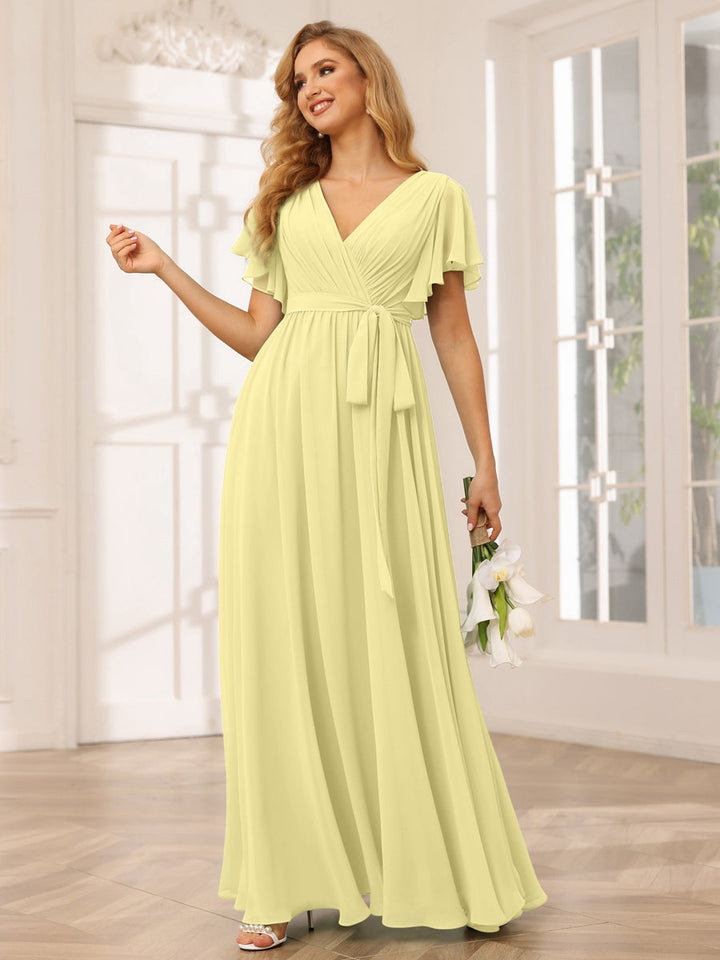 A-Line/Princess V-Neck Short Sleeves Floor-Length Bridesmaid Dresses with Sash