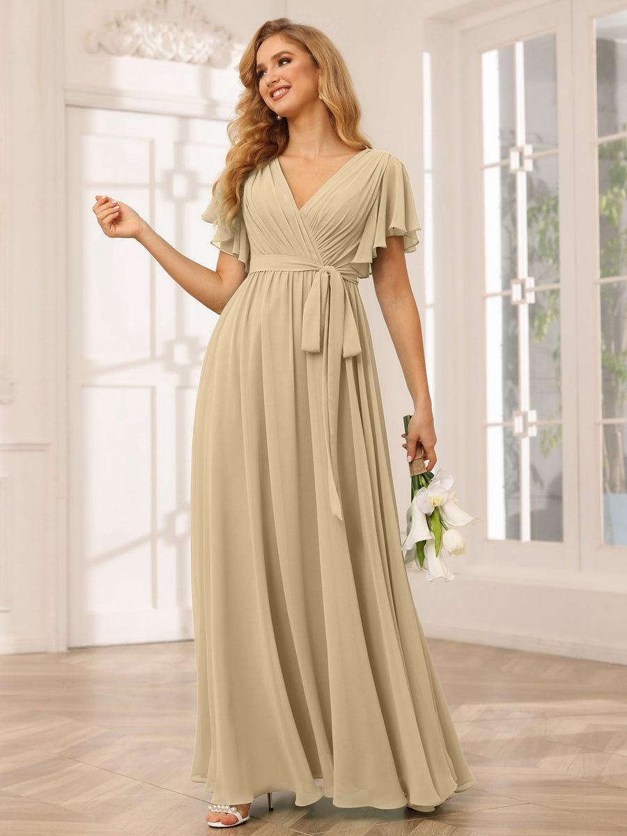 A-Line/Princess V-Neck Short Sleeves Floor-Length Bridesmaid Dresses with Sash