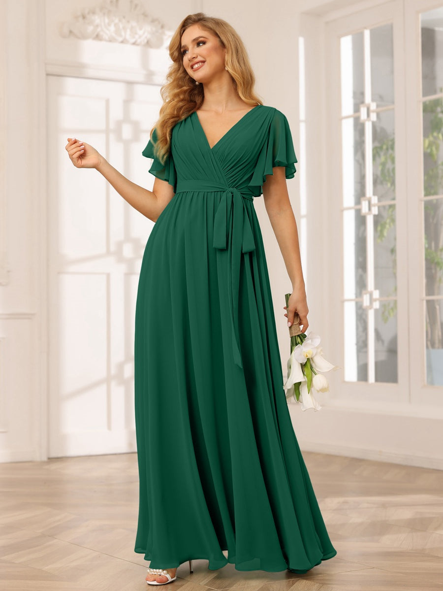 A-Line/Princess V-Neck Short Sleeves Floor-Length Bridesmaid Dresses with Sash