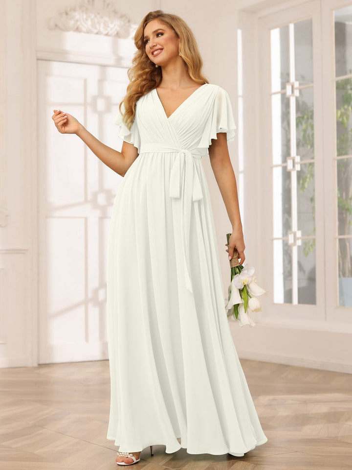 A-Line/Princess V-Neck Short Sleeves Floor-Length Bridesmaid Dresses with Sash