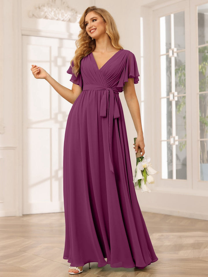 A-Line/Princess V-Neck Short Sleeves Floor-Length Bridesmaid Dresses with Sash