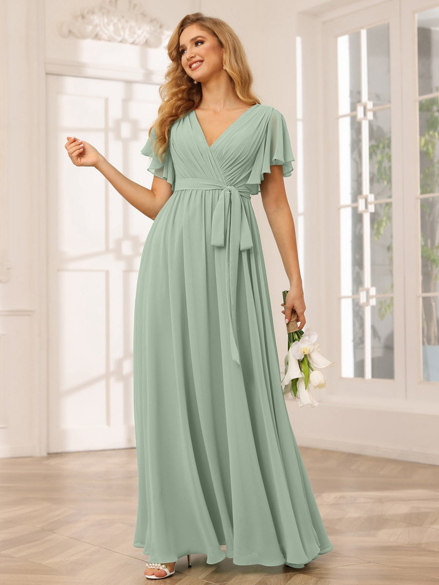 A-Line/Princess V-Neck Short Sleeves Floor-Length Bridesmaid Dresses with Sash