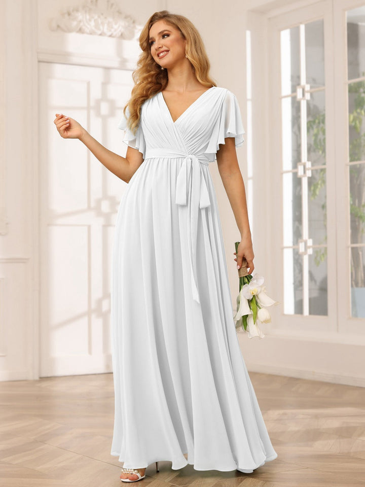 A-Line/Princess V-Neck Short Sleeves Floor-Length Bridesmaid Dresses with Sash