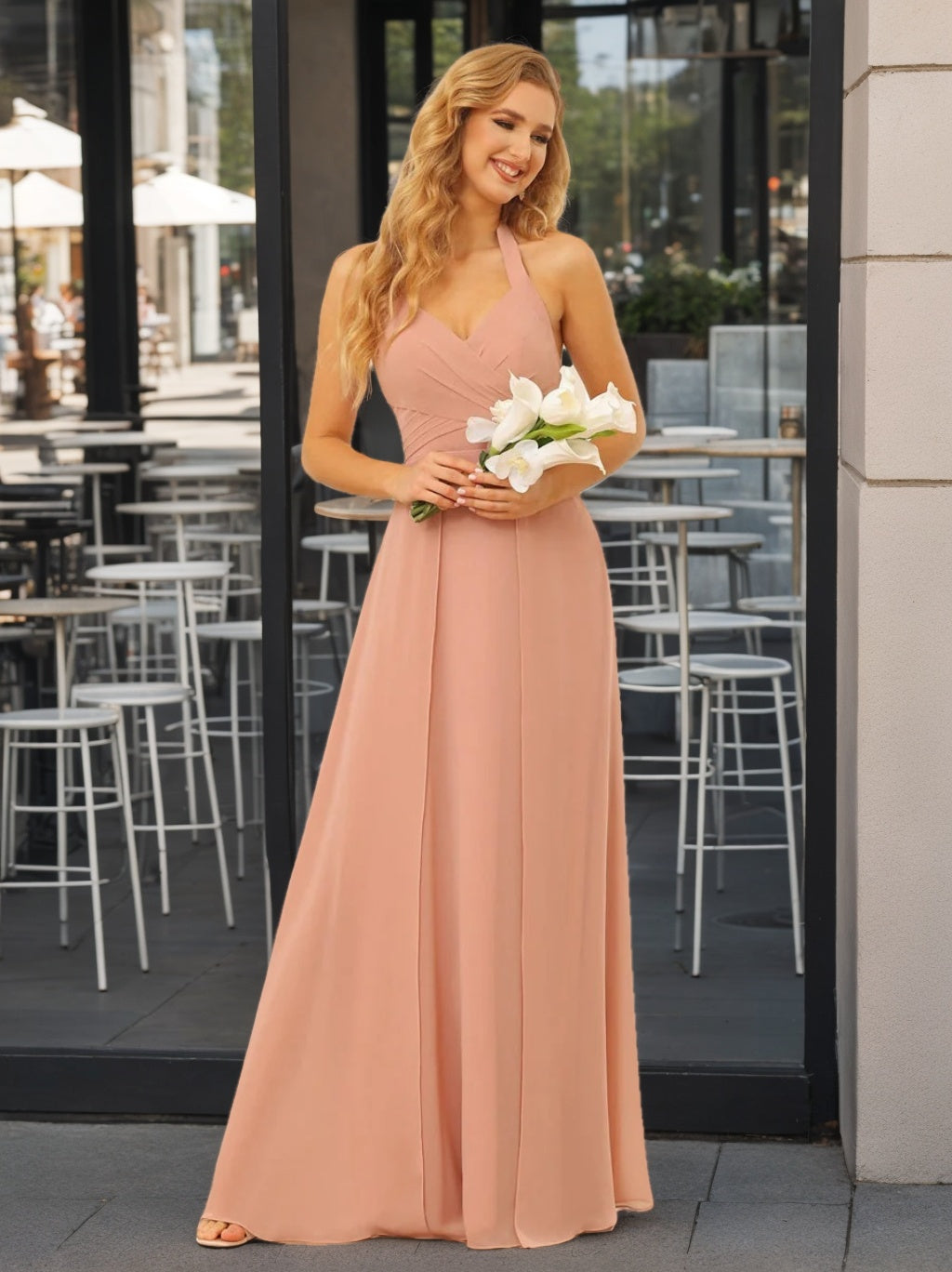 A-Line/Princess Halter Sleeveless Floor-Length Bridesmaid Dresses with Split Side