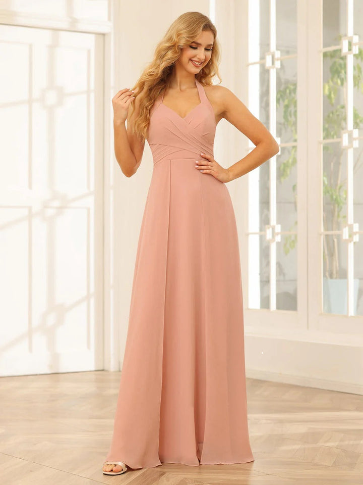 A-Line/Princess Halter Sleeveless Floor-Length Bridesmaid Dresses with Split Side