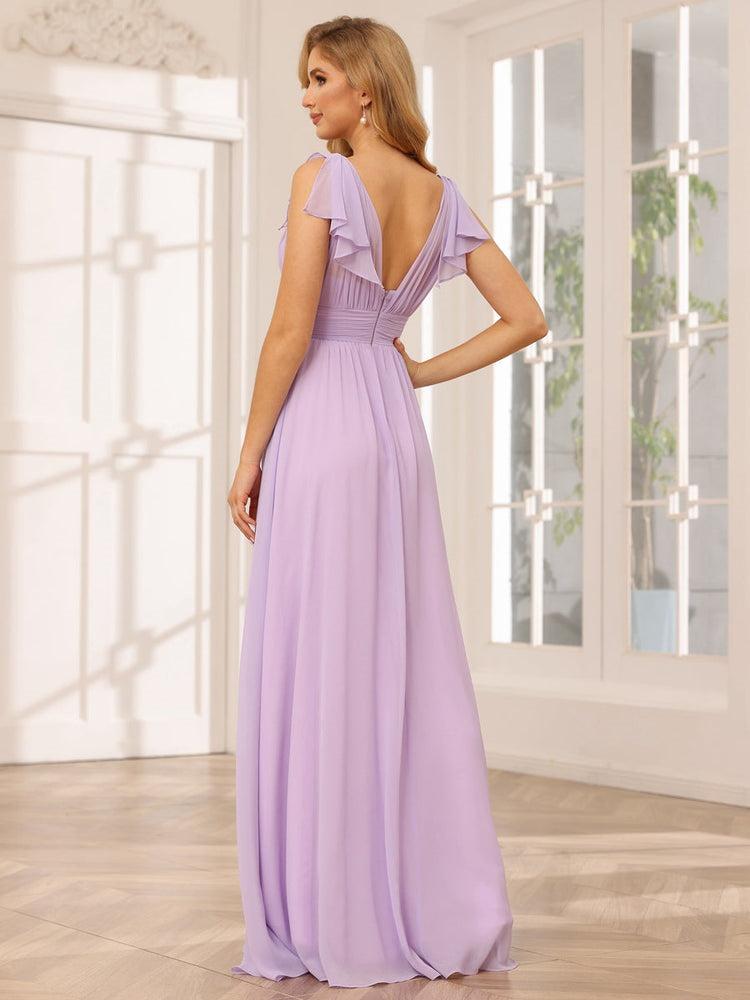 A-Line/Princess V-Neck Short Sleeves Long Bridesmaid Dresses with Ruffles