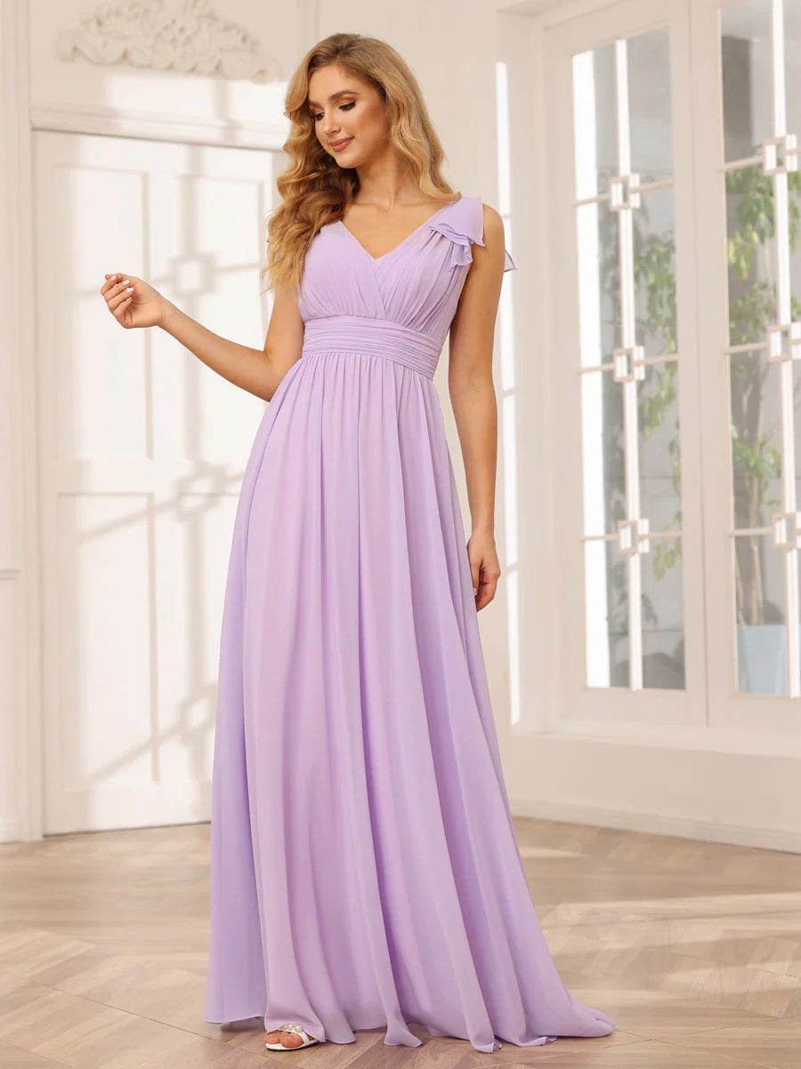 A-Line/Princess V-Neck Short Sleeves Long Bridesmaid Dresses with Ruffles