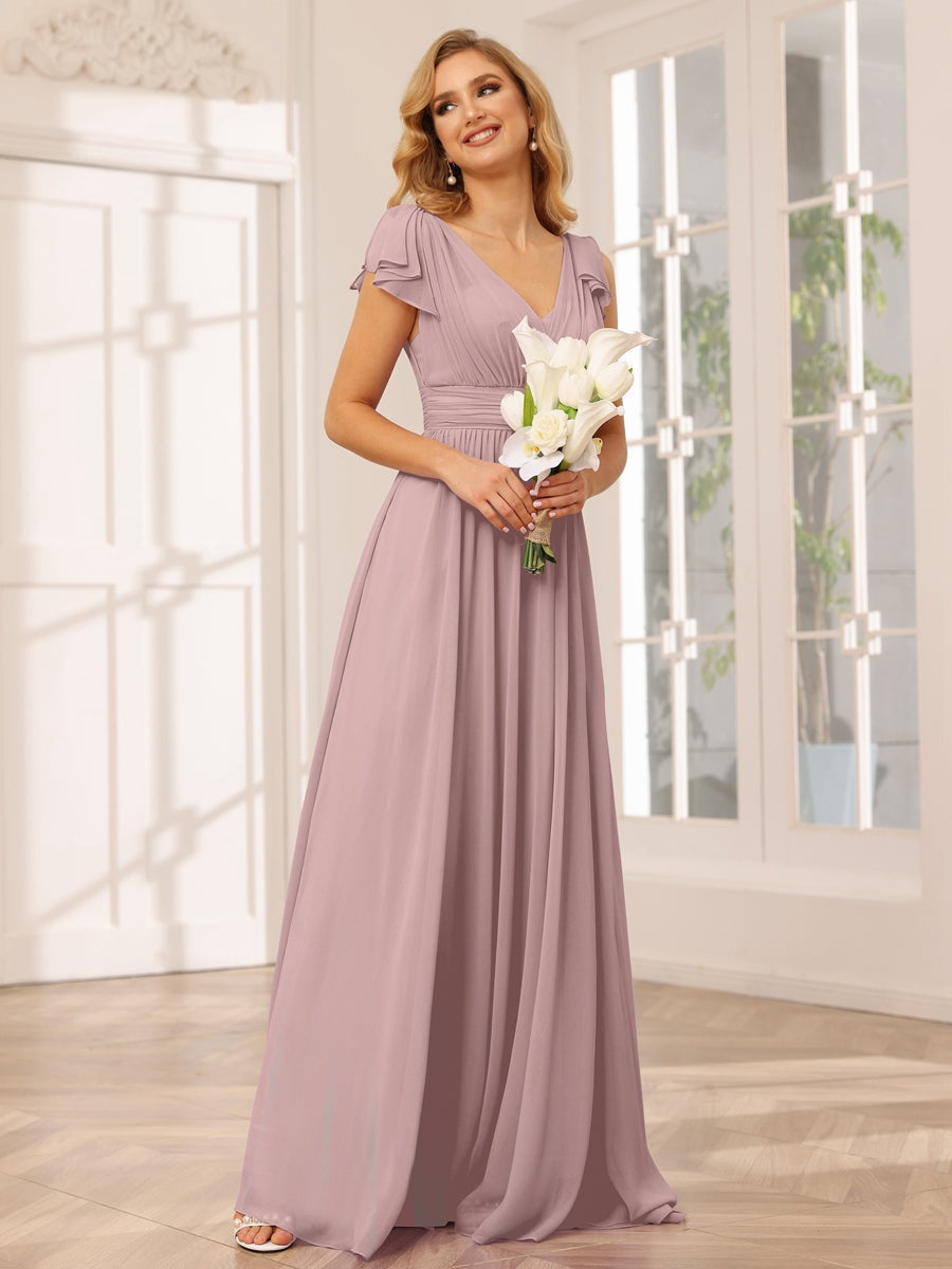 A-Line/Princess V-Neck Short Sleeves Long Bridesmaid Dresses with Ruffles