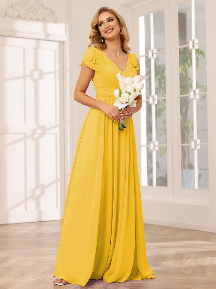 A-Line/Princess V-Neck Short Sleeves Long Bridesmaid Dresses with Ruffles