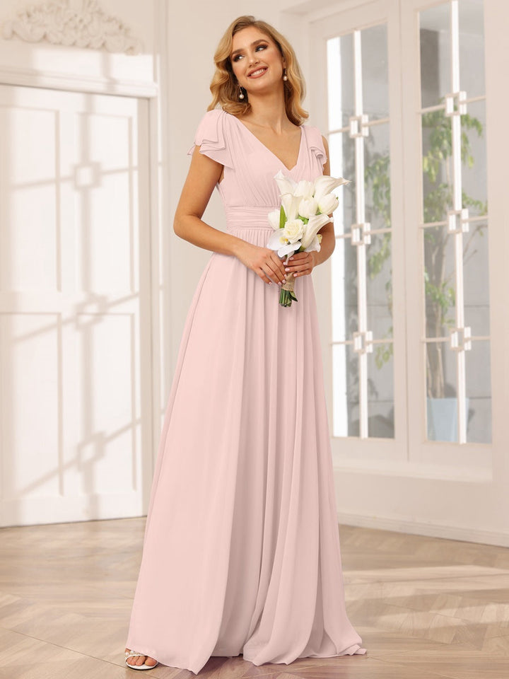 A-Line/Princess V-Neck Short Sleeves Long Bridesmaid Dresses with Ruffles