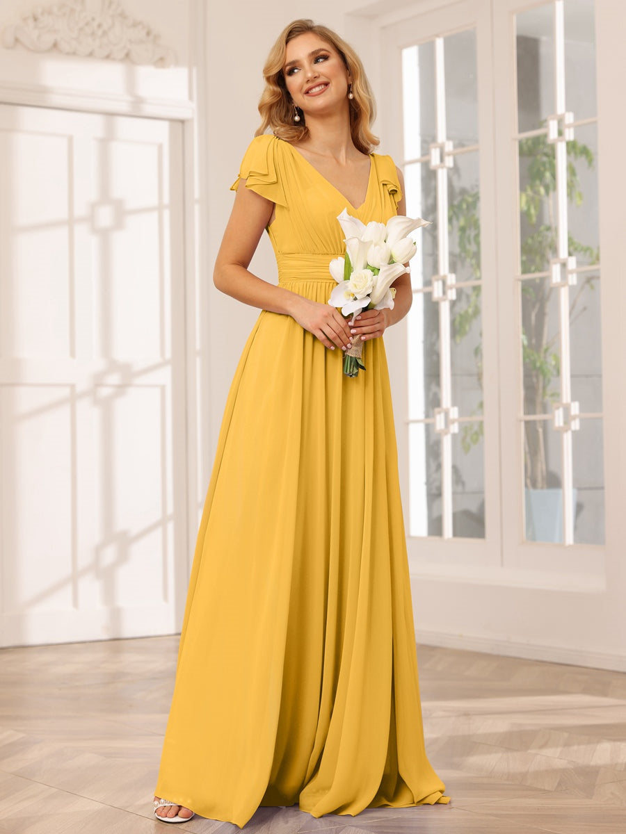 A-Line/Princess V-Neck Short Sleeves Long Bridesmaid Dresses with Ruffles