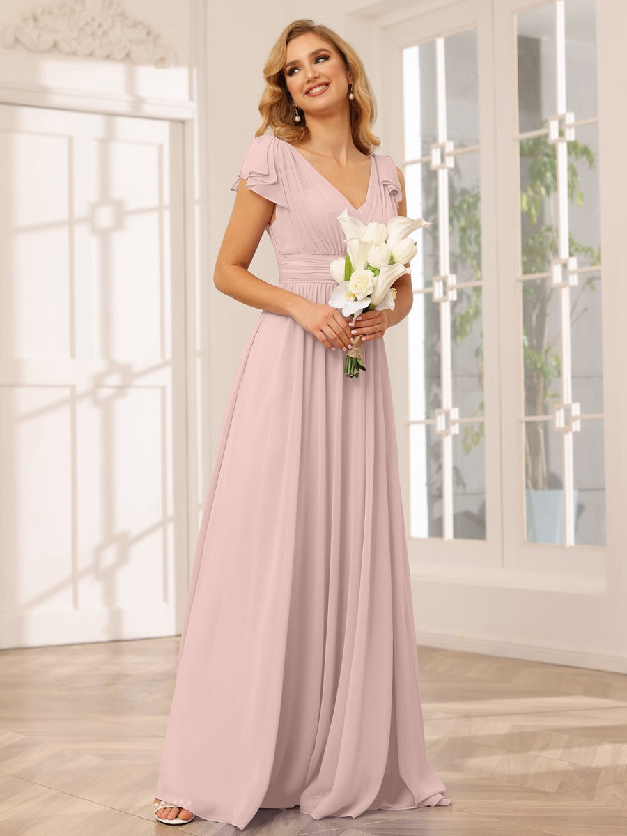 A-Line/Princess V-Neck Short Sleeves Long Bridesmaid Dresses with Ruffles