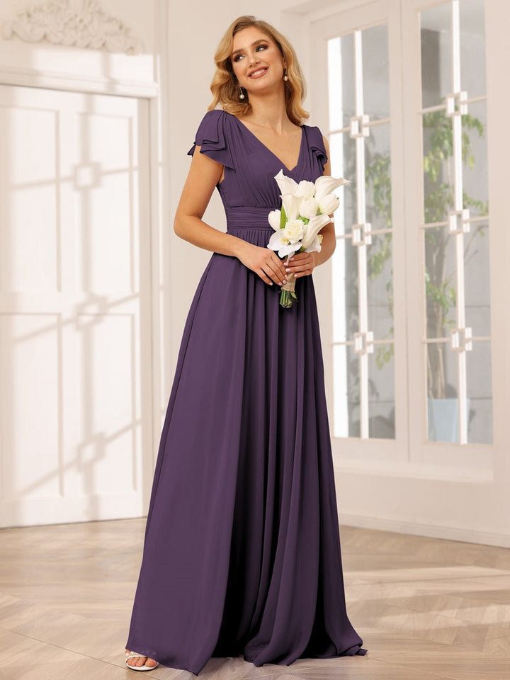 A-Line/Princess V-Neck Short Sleeves Long Bridesmaid Dresses with Ruffles