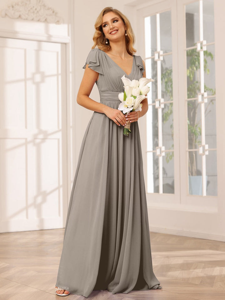 A-Line/Princess V-Neck Short Sleeves Long Bridesmaid Dresses with Ruffles