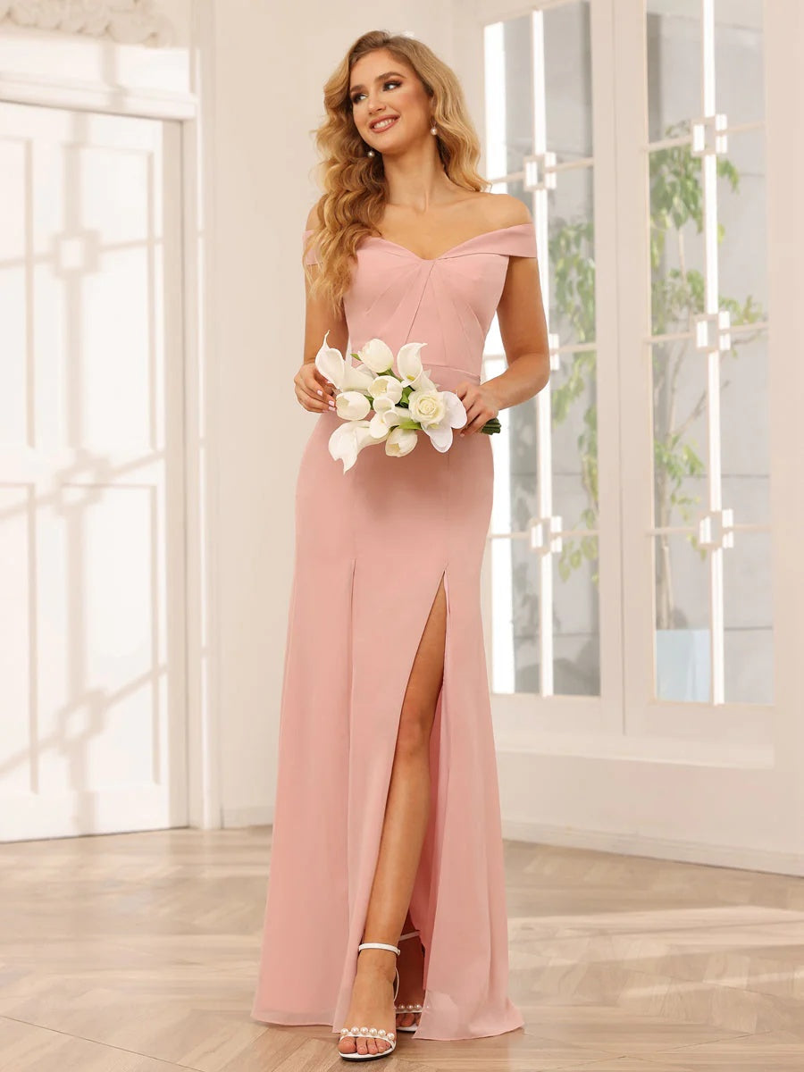 Sheath/Column Off-the-Shoulder Long Bridesmaid Dresses with Split Side