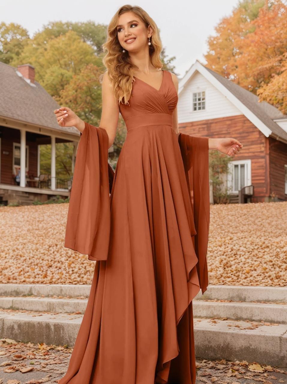 A-Line/Princess V-Neck Sleeveless Floor-Length Asymmetrical Bridesmaid - Mondressy A-Line/Princess V-Neck Sleeveless Floor-Length Asymmetrical Bridesmaid - Mondressy