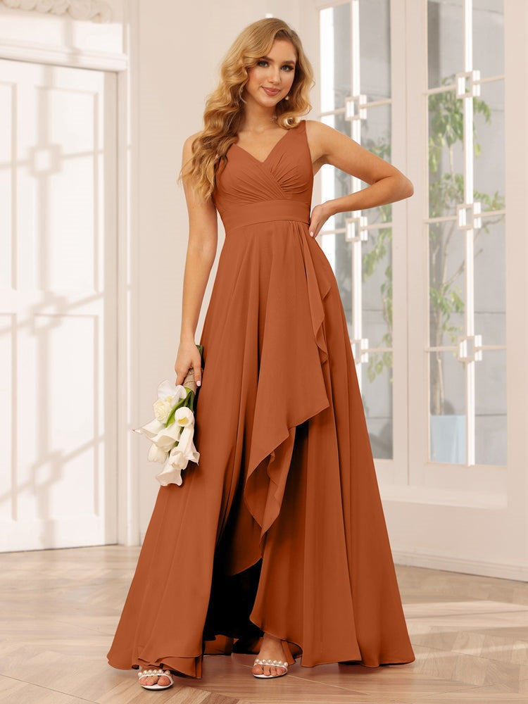 A-Line/Princess V-Neck Sleeveless Floor-Length Asymmetrical Bridesmaid Dresses with Ruffles