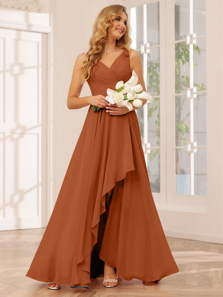 A-Line/Princess V-Neck Sleeveless Floor-Length Asymmetrical Bridesmaid Dresses with Ruffles